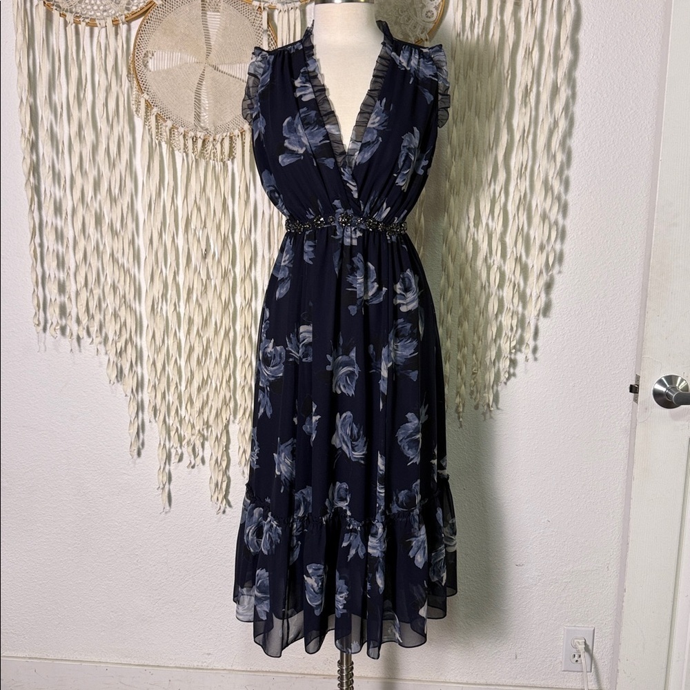 Kate Spade Navy and Light Blue Floral Chiffon Embellished Midi Length Dress XS